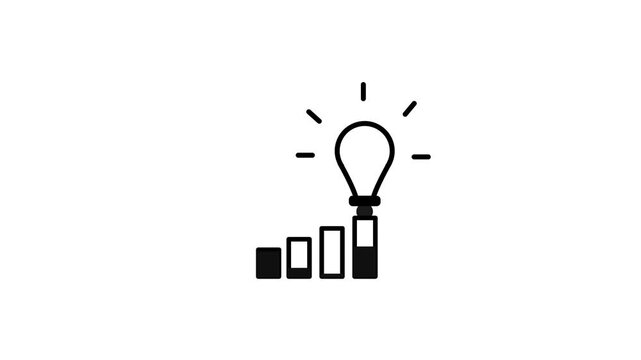Ascending bar chart with a glowing lightbulb on top. Depicts brilliant ideas, continuous innovation, and strategic insights leading to the peak of financial success.