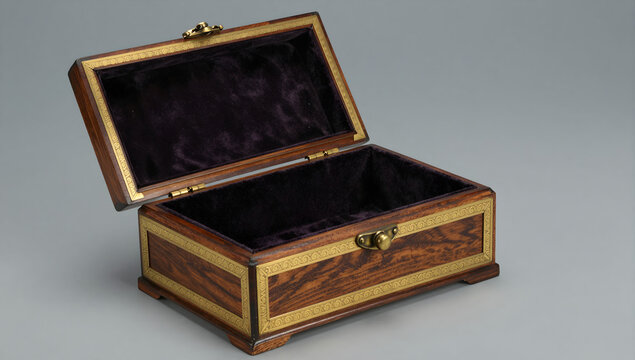 Open antique wooden box with brass inlay and velvet lining