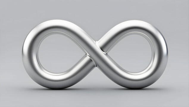 Shiny silver infinity symbol sculpture on gray background
