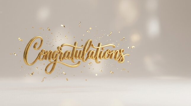 Gold confetti and the word "Congratulations" are displayed on a blurred, gradient background. The text is rendered in a luxurious, golden script style.