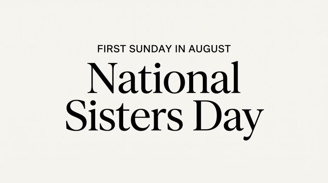 National Sisters Day typography on white background, elegant holiday greeting card design, minimalist black text for first Sunday in August