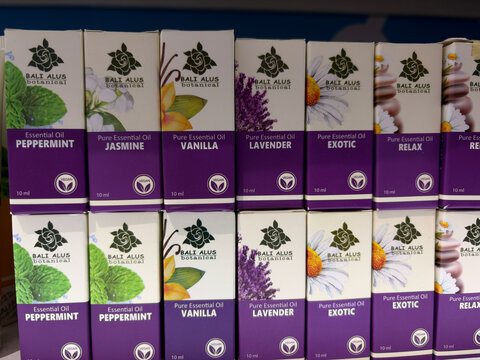 Bali, Indonesia - July, 15, 2026: Boxes of herbal tea are displayed on shelves. Each box features vibrant colors and illustrations of the respective herbs like peppermint, jasmine, and lavender. 