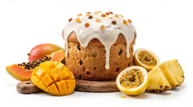 Tropical fruit cake with icing and fresh fruits