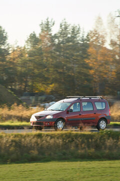 Van driving through countryside road