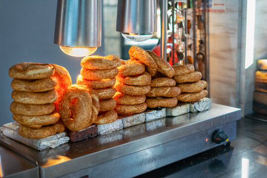 Fresh Turkish simit bread rolls served warm at a hotel buffet in Turkey