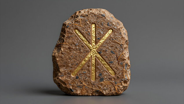 Carved stone rune symbol with gold leaf isolated on grey background