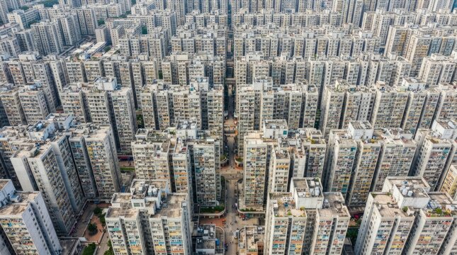 An aerial photograph reveals a dense urban landscape dominated by towering apartment buildings.