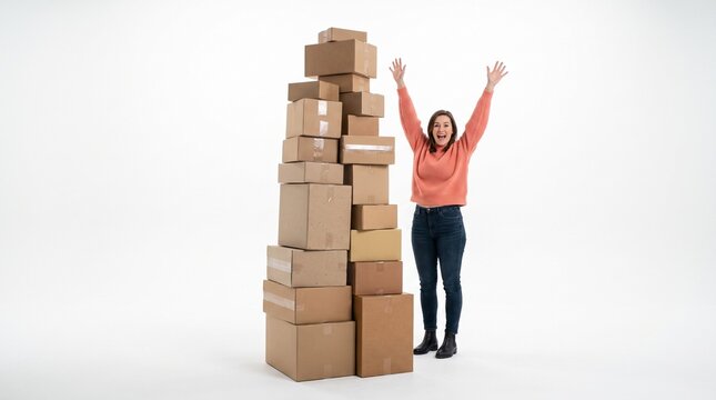 Woman celebrating near stack of cardboard boxes