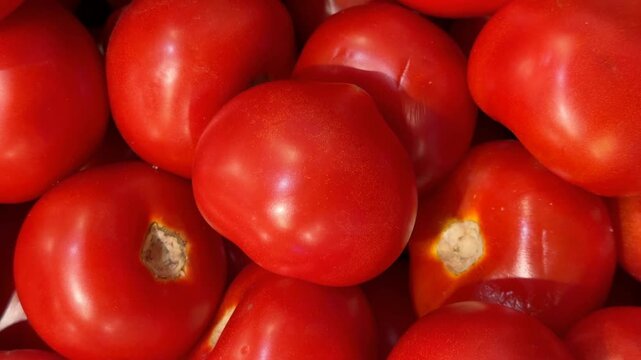 Fresh ripe tomatoes filling entire frame as vibrant food background.