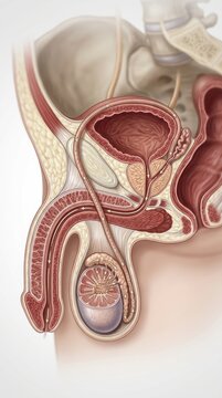 Human male system: sperm navigate, human reproduction, internal view, seminal transport, testis organ, prostate gland, vas deferens, penis structure, sexual function, biology education.