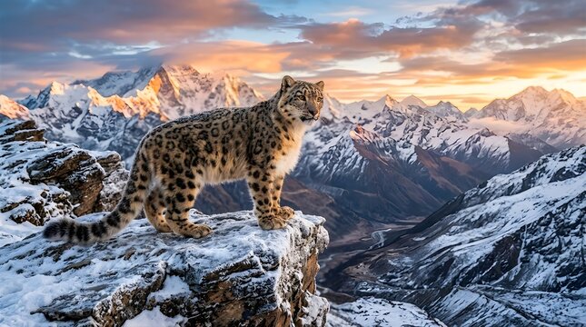 Majestic snow leopard with thick spotted fur stands proudly on a sharp rocky ledge during a vibrant golden hour sunset, showing intricate details and sharp focus.