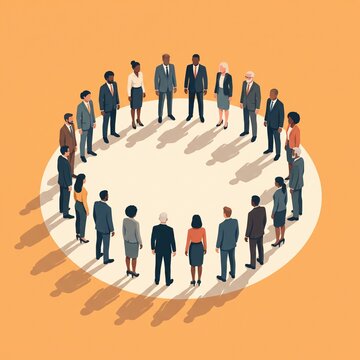 Diverse business people standing in a circle representing teamwork, collaboration, and unity in a modern corporate environment