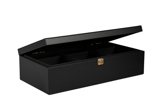 Open black rectangular storage box with divided interior