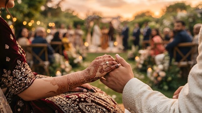 Bride and groom holding hands at wedding. Couple with henna tattoos at outdoor ceremony.