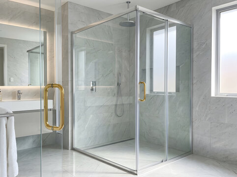 Corner glass shower enclosure with gold handles installed in a bright bathroom with white marble walls and a view of a window and vanity area