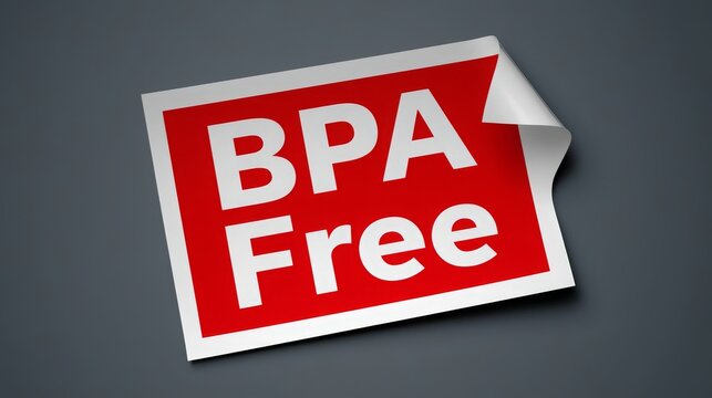 Red peel-off sticker label displaying "BPA Free" on a gray background.
