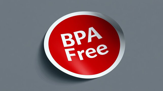 Red peel-off sticker label displaying "BPA Free" on a gray background.