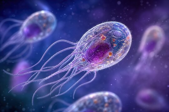 Microscopic protozoan cell with multiple long flagella floating in a fluid environment representing microbiology, scientific research, infectious disease, and cellular biology