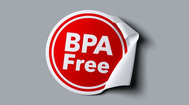 Red peel-off sticker label displaying "BPA Free" on a gray background.