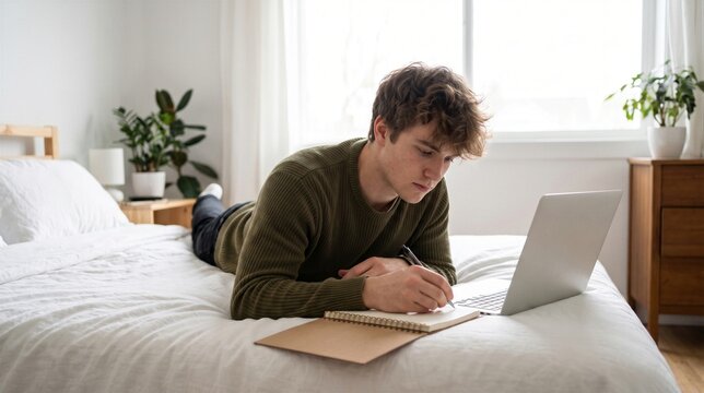 Young man lying on bed and studying with a laptop and notebook in a bright bedroom