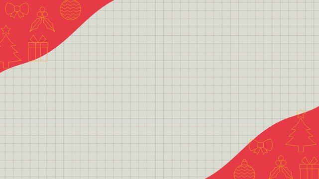 Seamless looping background animation of swaying outline Christmas elements in corner areas with wide gray beige grid center text copy space area. Flat style holiday frame banner backdrop design