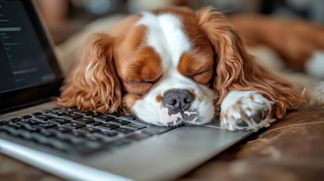 Adorable Cavalier King Charles Spaniel Puppy Napping on Laptop Keyboard