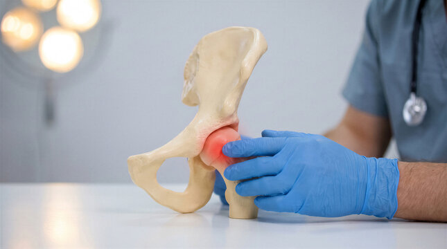 Doctor holding a model of a human hip joint with a highlighted area indicating pain or inflammation in the hip socket