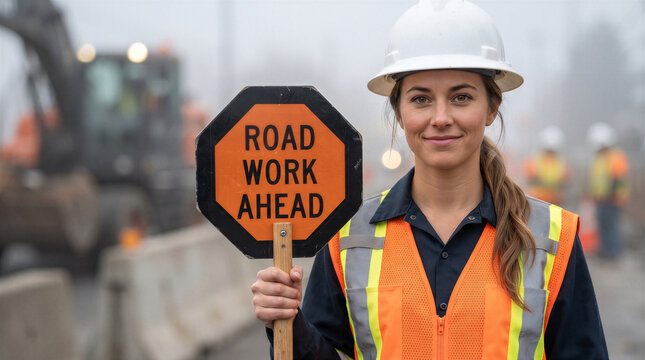A female construction worker in a hard hat and safety vest holding a road work ahead sign at a construction site with heavy machinery