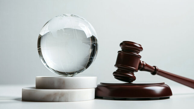 Global Justice Symbolized: A wooden gavel rests on its sound block, poised next to a clear glass globe displayed on a marble pedestal, representing international law and justice.