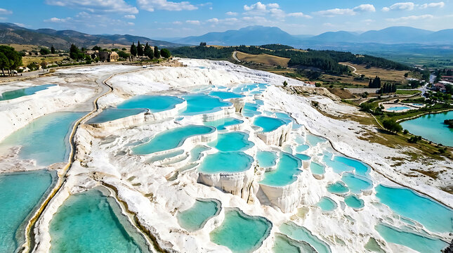 Aerial View of Pamukkale Natural Thermal Pools and White Travertines