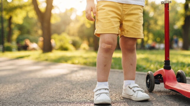 Closeup of a childs legs in yellow shorts with a bandage on the knee, standing on a park path next to a red kick scooter at sunset
