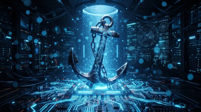 Ship anchor connected to glowing motherboard circuits, futuristic AI maritime concept for digital navigation, smart ports and marine technology.
