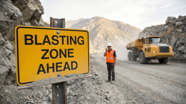 Mining site worker in safety gear standing near a yellow blasting zone ahead warning sign with a large dump truck in the background