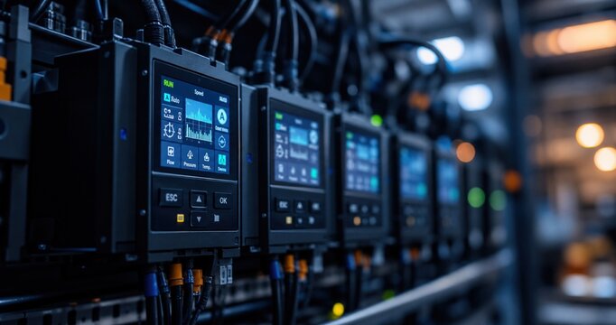 Industrial control panel with digital display screens monitoring system parameters like speed, pressure, and temperature in a modern automated factory facility