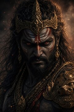 Powerful dark warrior king with golden crown and red war paint on his face looking intensely forward with glowing red eyes in a dramatic fantasy portrait