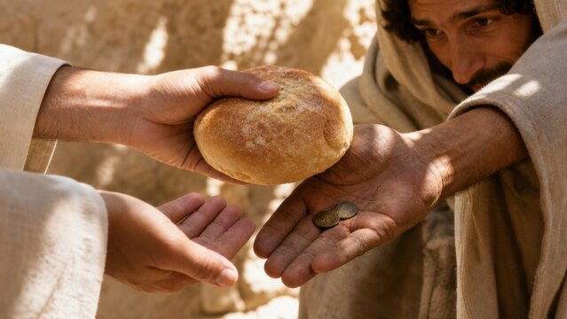 Man giving bread to needy man as act of charity. Biblical scene representing generosity and kindness. Helping poor person with food and money. Concept of mercy, love and giving.