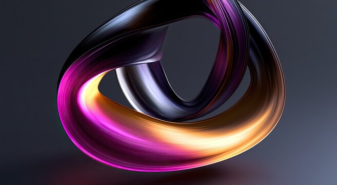 Abstract metallic ribbon twisted into an intertwined toroidal shape, glowing