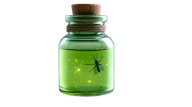 green potion bottle with small fireflies floating nearby, halloween decoration, hyper realistic render, cinematic lighting, sharp focus, isolated on white background