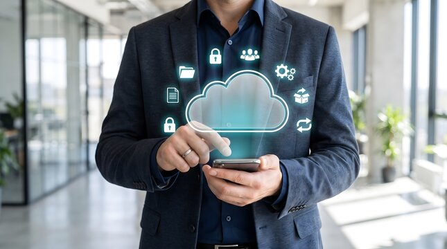 Man using smartphone with glowing cloud technology icons overlay