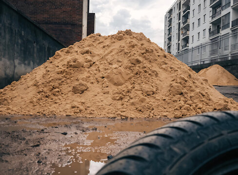Large piles of sand at a construction site in the city