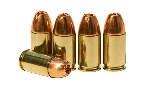 Group of five brass and copper bullets, isolated on transparent background