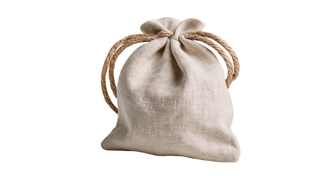 Natural linen drawstring pouch with thick rope handles, isolated on transparent background