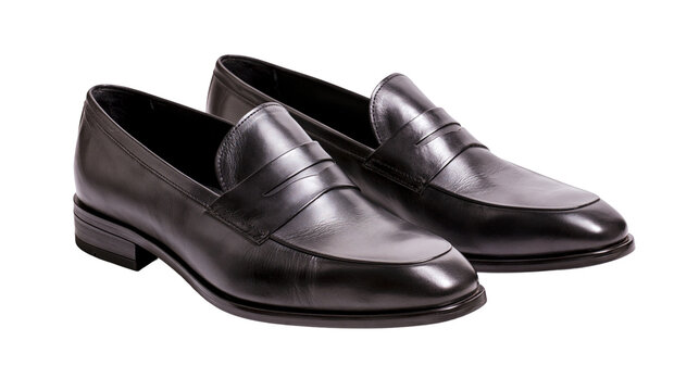 Classic black leather penny loafers, elegant footwear isolated on transparent background
