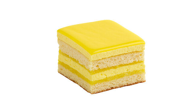 Layered yellow cake with smooth glaze, isolated on transparent background