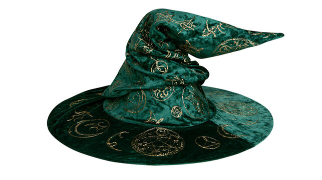 Emerald green velvet wizard hat with gold mystical symbols, isolated on transparent background