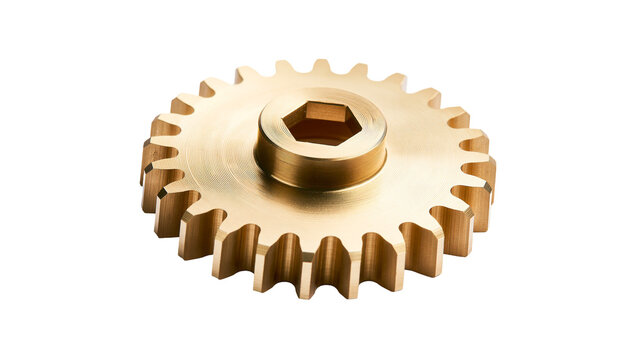 Polished brass gear with hexagonal bore, isolated on transparent background
