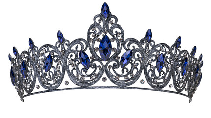 Ornate dark metal tiara with blue marquise gemstones, isolated on transparent background © Nolan