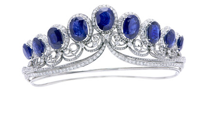Ornate sapphire and diamond tiara with intricate metalwork, isolated on transparent background © Nolan