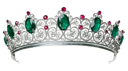 Ornate silver tiara with large emeralds and small rubies, isolated on transparent background © Nolan