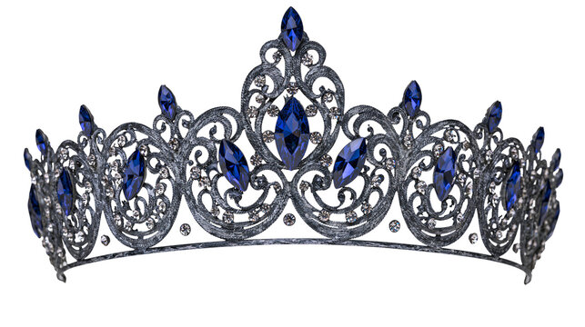 Ornate dark metal tiara with blue marquise gemstones, isolated on transparent background